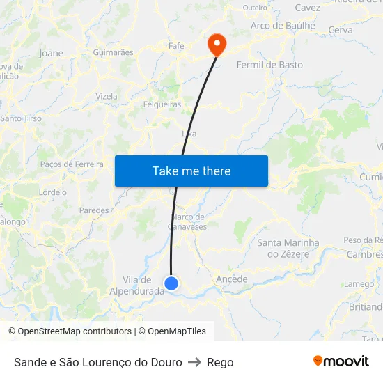 Sande e São Lourenço do Douro to Rego map