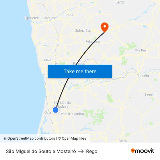São Miguel do Souto e Mosteirô to Rego map