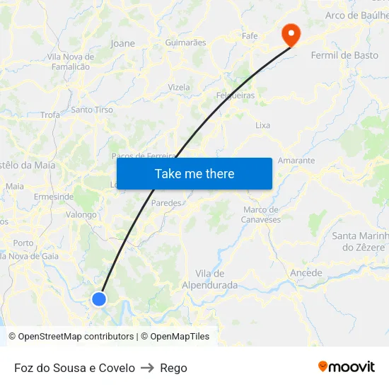 Foz do Sousa e Covelo to Rego map