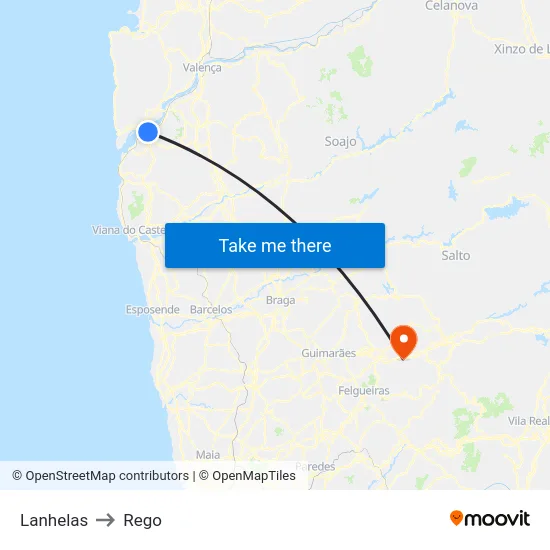 Lanhelas to Rego map