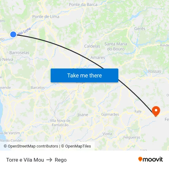 Torre e Vila Mou to Rego map