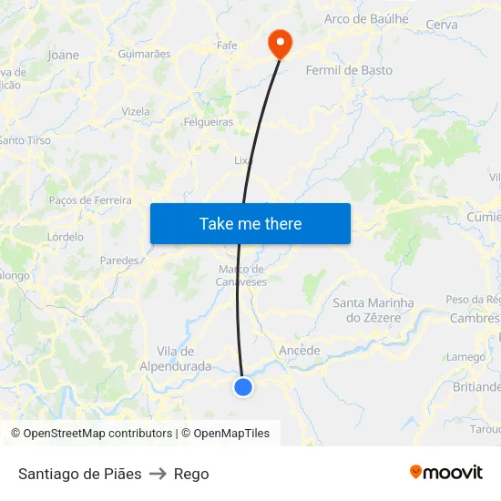 Santiago de Piães to Rego map
