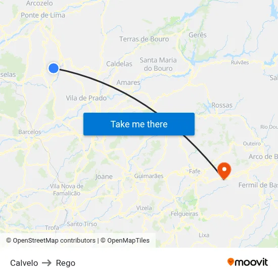 Calvelo to Rego map