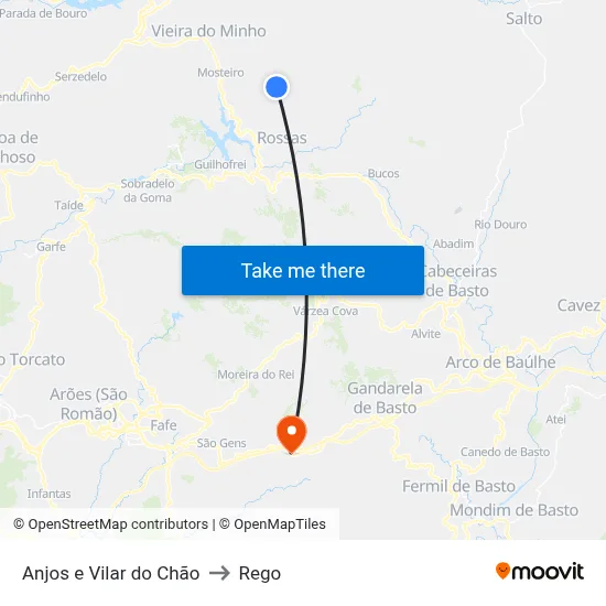 Anjos e Vilar do Chão to Rego map