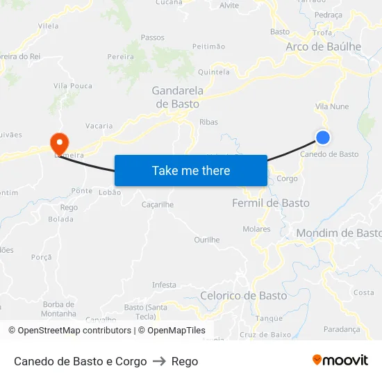 Canedo de Basto e Corgo to Rego map