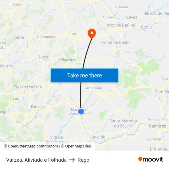 Várzea, Aliviada e Folhada to Rego map