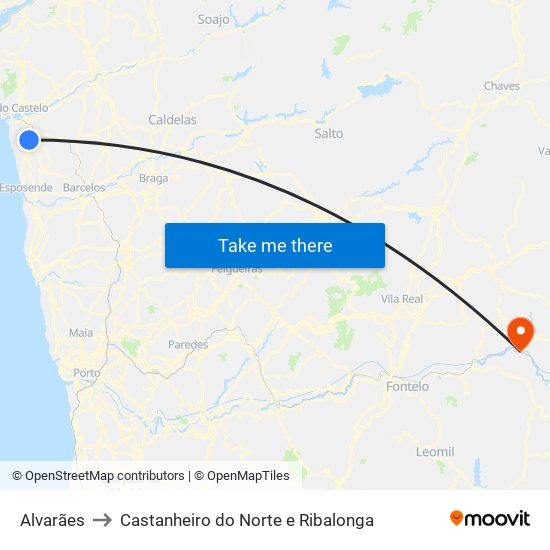 Alvarães to Castanheiro do Norte e Ribalonga map