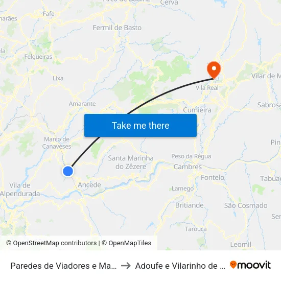Paredes de Viadores e Manhuncelos to Adoufe e Vilarinho de Samardã map