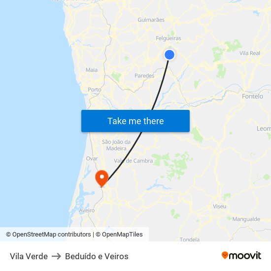 Vila Verde to Beduído e Veiros map