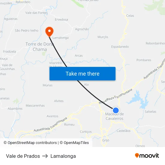 Vale de Prados to Lamalonga map