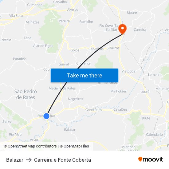 Balazar to Carreira e Fonte Coberta map