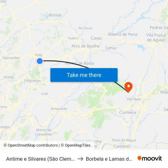 Antime e Silvares (São Clemente) to Borbela e Lamas de Olo map
