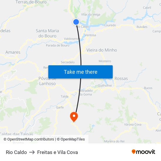 Rio Caldo to Freitas e Vila Cova map