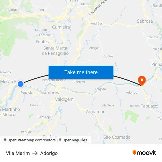 Vila Marim to Adorigo map