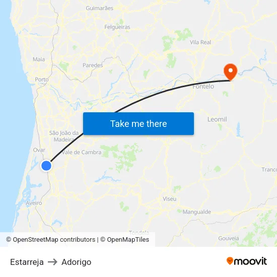 Estarreja to Adorigo map