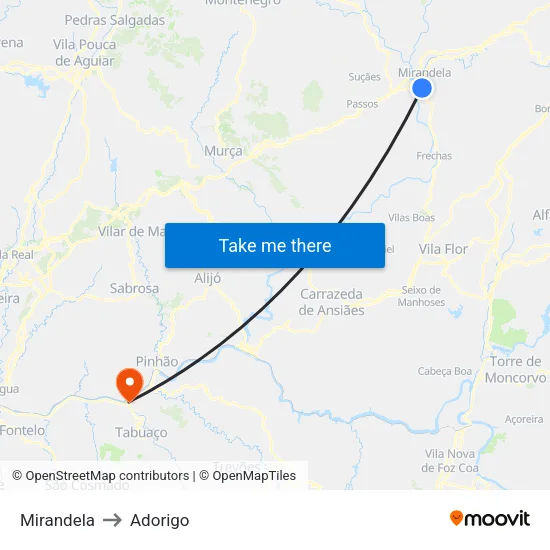 Mirandela to Adorigo map