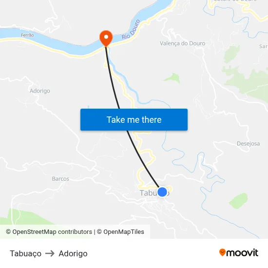 Tabuaço to Adorigo map