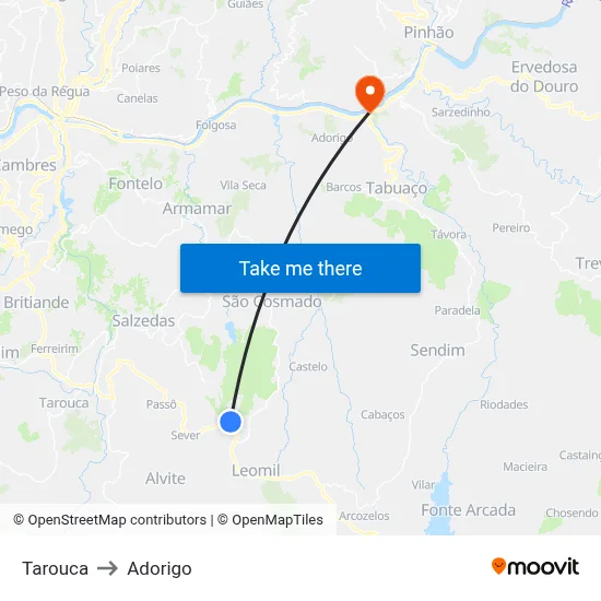 Tarouca to Adorigo map
