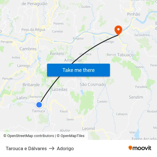 Tarouca e Dálvares to Adorigo map