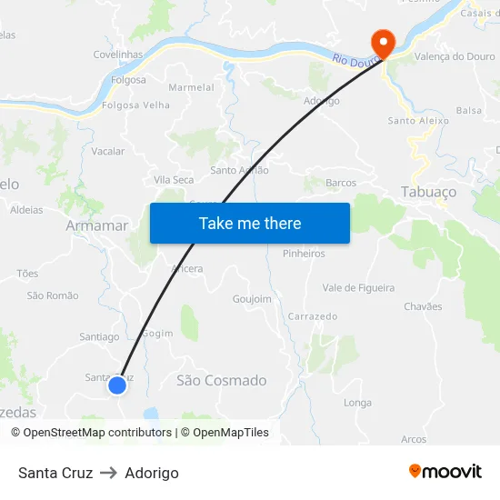 Santa Cruz to Adorigo map