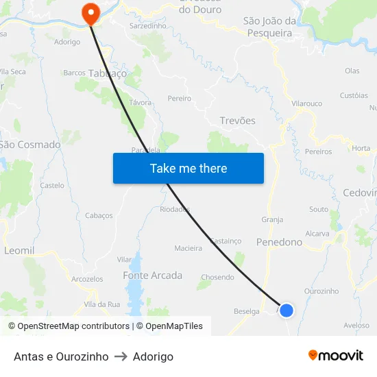 Antas e Ourozinho to Adorigo map