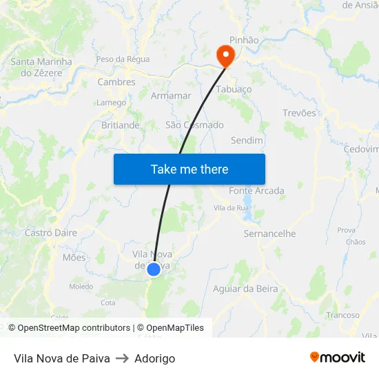 Vila Nova de Paiva to Adorigo map