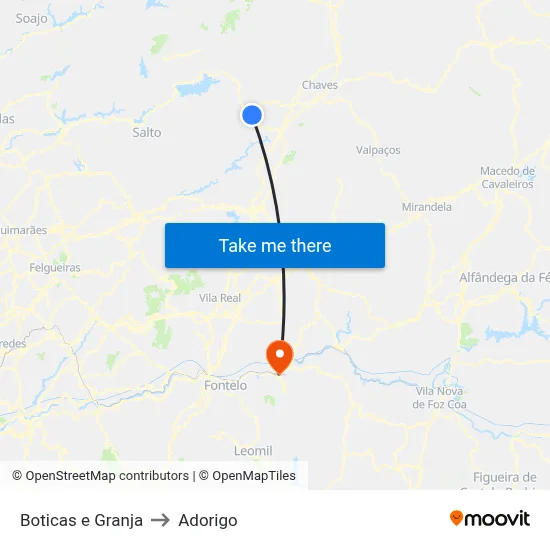 Boticas e Granja to Adorigo map