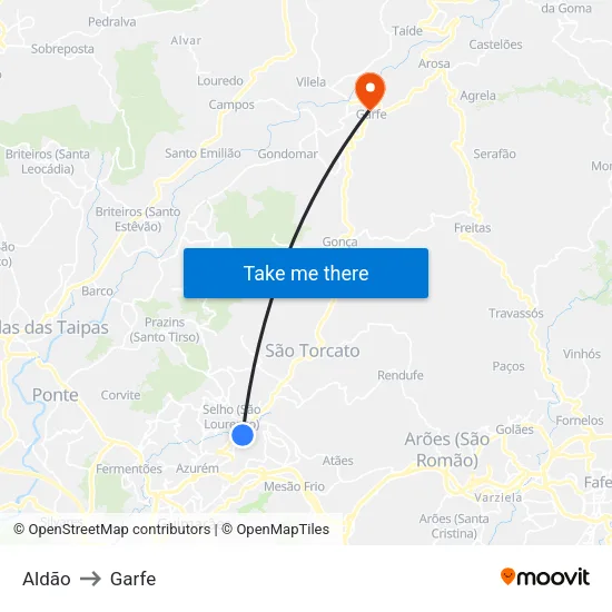 Aldão to Garfe map