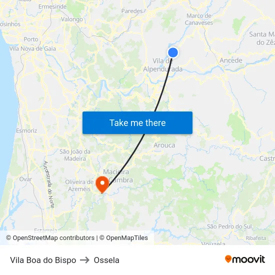 Vila Boa do Bispo to Ossela map