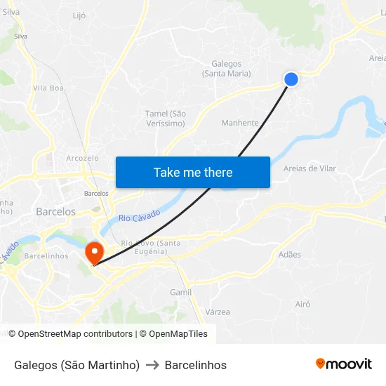 Galegos (São Martinho) to Barcelinhos map
