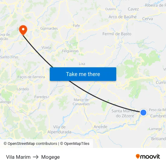 Vila Marim to Mogege map