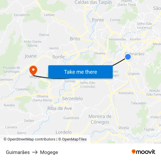 Guimarães to Mogege map