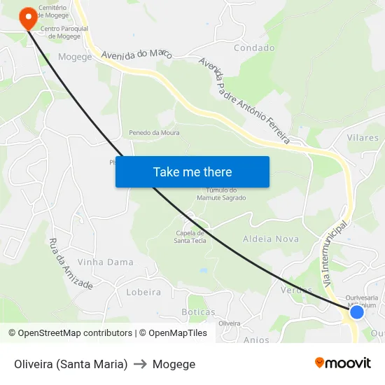 Oliveira (Santa Maria) to Mogege map