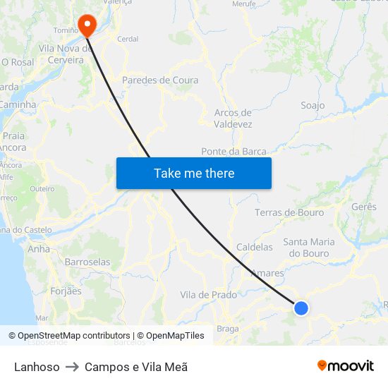 Lanhoso to Campos e Vila Meã map