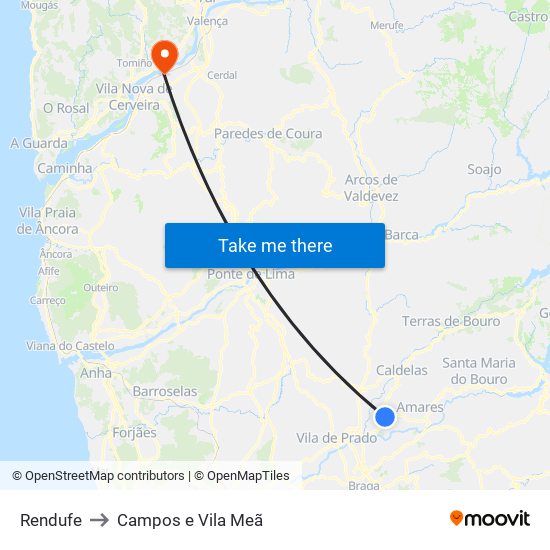Rendufe to Campos e Vila Meã map