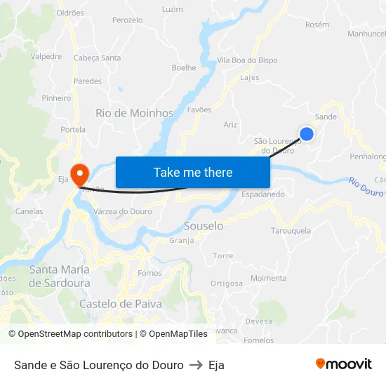 Sande e São Lourenço do Douro to Eja map