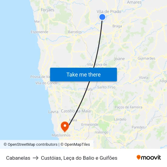 Cabanelas to Custóias, Leça do Balio e Guifões map