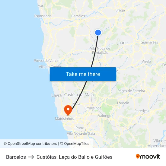 Barcelos to Custóias, Leça do Balio e Guifões map