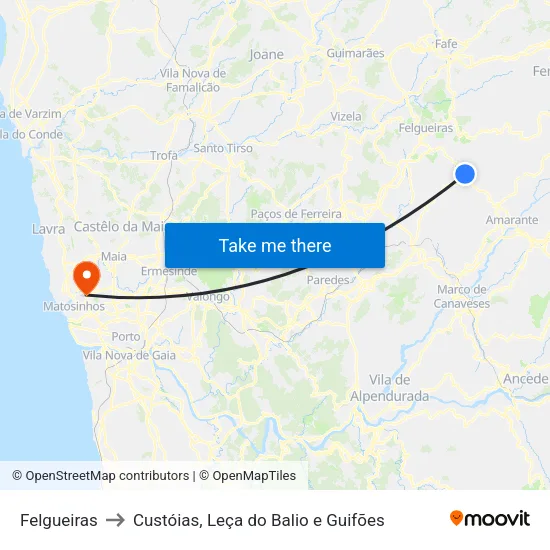 Felgueiras to Custóias, Leça do Balio e Guifões map