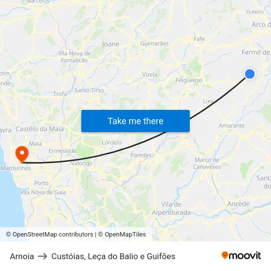 Arnoia to Custóias, Leça do Balio e Guifões map