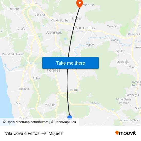 Vila Cova e Feitos to Mujães map