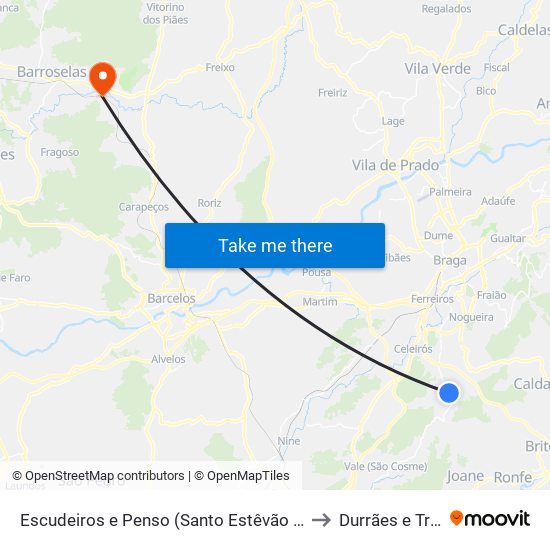 Escudeiros e Penso (Santo Estêvão e São Vicente) to Durrães e Tregosa map