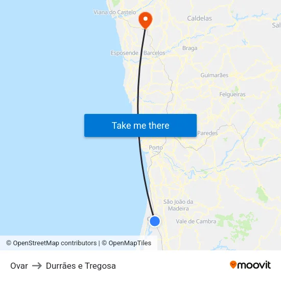 Ovar to Durrães e Tregosa map