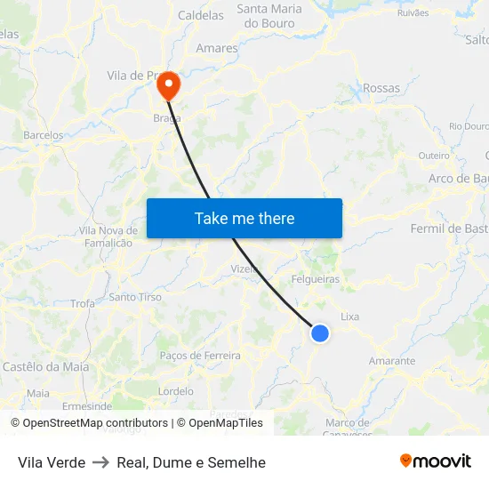 Vila Verde to Real, Dume e Semelhe map