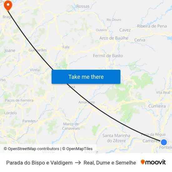Parada do Bispo e Valdigem to Real, Dume e Semelhe map