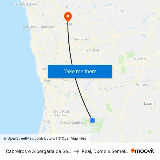 Cabreiros e Albergaria da Serra to Real, Dume e Semelhe map