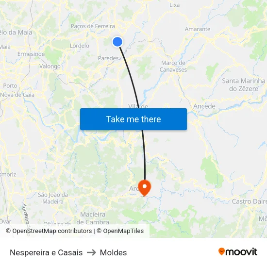 Nespereira e Casais to Moldes map