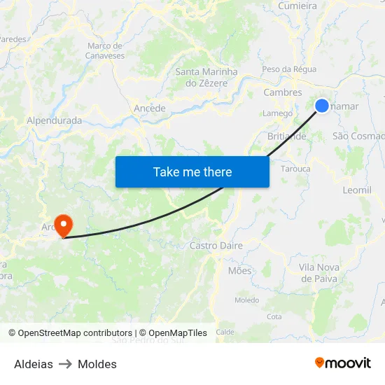 Aldeias to Moldes map