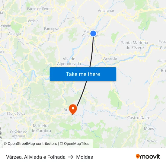 Várzea, Aliviada e Folhada to Moldes map
