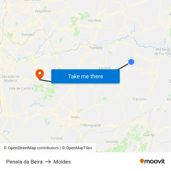 Penela da Beira to Moldes map